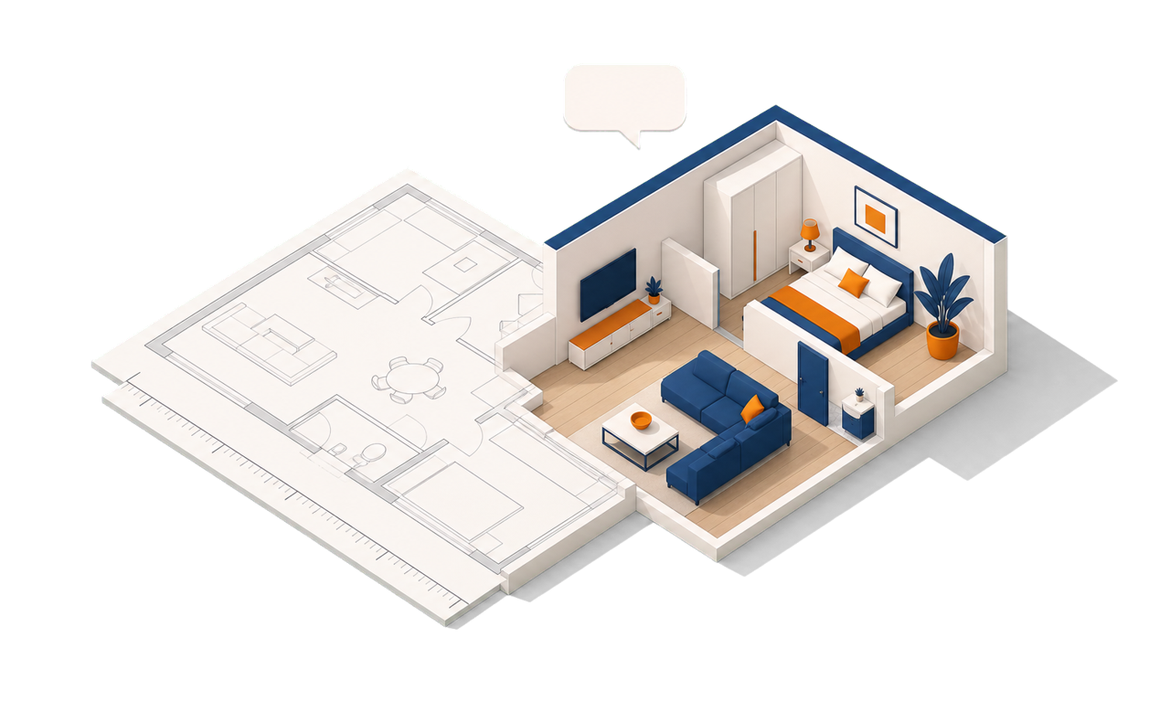 A 2D floor plan transforming into a furnished, real-scale 3D room