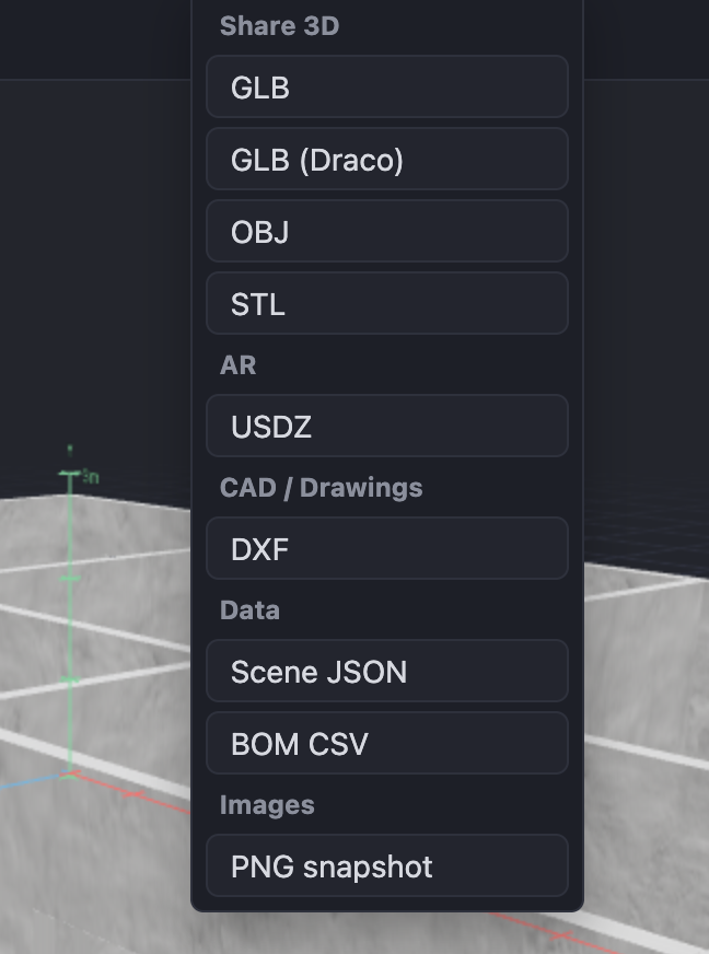 StoreySG export menu showing CAD-ready DXF export